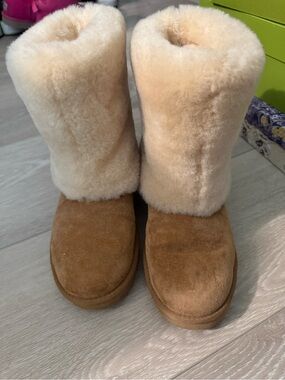 UGG Cozy Shearling Mid-Calf Boots in Chestnut and Cream